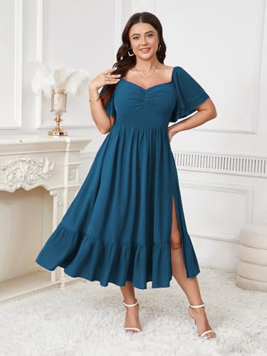 Image of SCOMCHIC Womens Plus Size Wedding Guest Cocktail Dresses Sweetheart Neckline Short Sleeve Smocked Ruffle Slit Maxi Dress