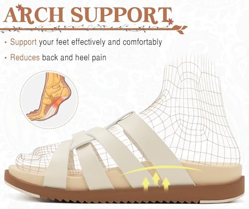 Image of KuaiLu Gladiator Sandals for Women with Comfortable Arch Support Summer Beach Walking Fisherman Slides Boho Outfits Flats Slip on Cushion Shoes Indoor Outdoor