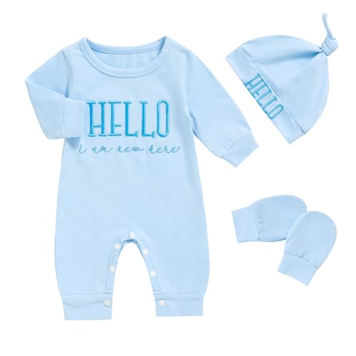 Image of ZOELNIC Newborn Romper Baby Boy Cotton Jumpsuit New Baby Hat Gloves Romper Coming Home Clothes Outfits