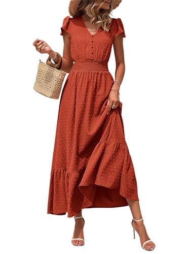 Image of PRETTYGARDEN Womens Dresses 2026 Summer Maxi Dress Boho Short Sleeve V Neck Swiss Dot Ruffle Tiered Smocked Flowy Long Dress