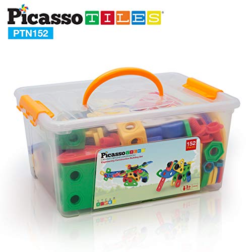 Picassotiles Stem Learning 152 Piece Building Block Set Kid Toy Construction Engineering Kit Educational W/ Idea Book Design Guide, Storage Carry Box, Power Drill, Ratchet, Age 3+ Ptn152 #TOP5