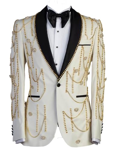Men's Luxury Handmade Rhinestone Tuxedo Blazer Slim Fit Shawl Lapel Single Breasted Jacket for Dinner Prom Wedding