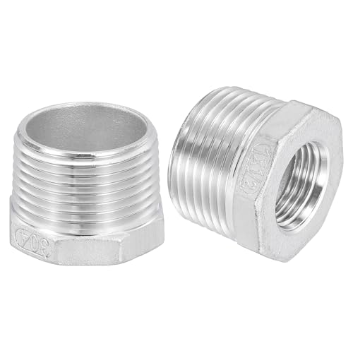 Image of uxcell 2Pcs 1 inch Male NPT to 1 /2 inch Female NPT 304 Stainless Steel Reducer Hex Bushing, Reducing Cast Pipe Adapter Fitting for industrial, oil /gas, water, HVAC, and plumbing systems