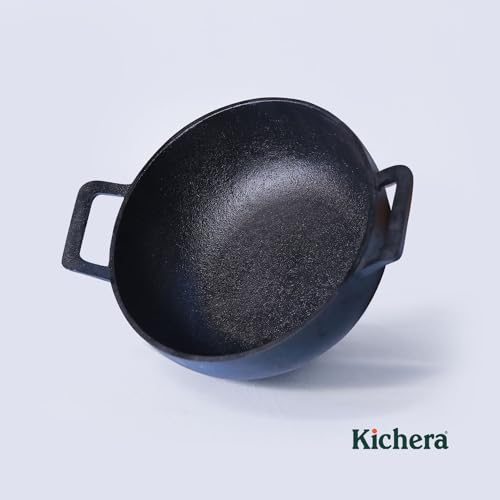 Image of Kichera Pre Seasoned Cast Iron Kadai with 2 Loop Handles 9 Inch / 23cm Heavy Duty Deep Kadhai Safe On Stovetop Induction Cooktop & Oven | 2.5LTR / 3.2KG |Naturally Nonstick Wok Pure & Toxin-Free