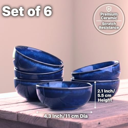 Image of Freakway Ceramic Bowls Set of 6, Reative Glaze Blue, Round, 180ml Capacity, Microwave and Dishwasher Safe-Midnight Blue-
