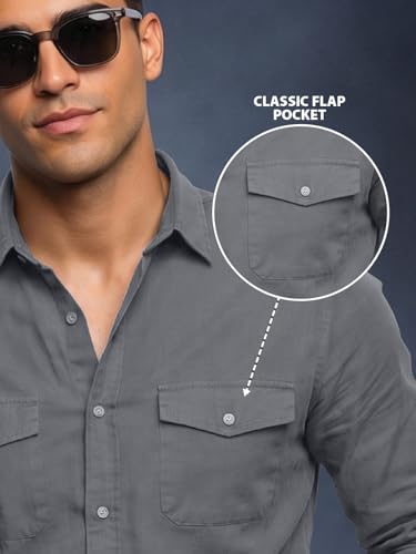 Image of Veirdo Men's Pure Cotton Utility Shirt | Full Sleeve Casual Button-Down with Dual Chest Pockets | Stylish & Comfortable Everyday Wear | Colors: Beige, Black, Maroon, Olive, Rust & White