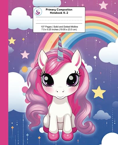 Primary Composition Notebook K-2: Kawaii Unicorn with Rainbow and Stormy Clouds