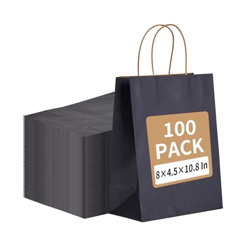 Image of RACETOP Navy Blue Kraft Paper Bags 100 Pack 8x4.5x10.8 in with Handles | Recycled Kraft Paper, Medium Size, Reinforced Handles, for Boutique, Wedding, Retail, Small Business, Eco-Friendly