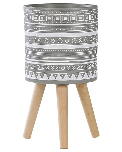 Runder Blumenbehälter in Hellgrau aus Magnesium mit 3 Holzbeinen ⌀ 25 cm...