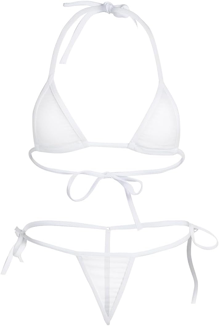 Womens Sexy Tiny 2PCs Bikini Set Sheer Mesh See Through Swimsuit Bra Top with G-String Briefs