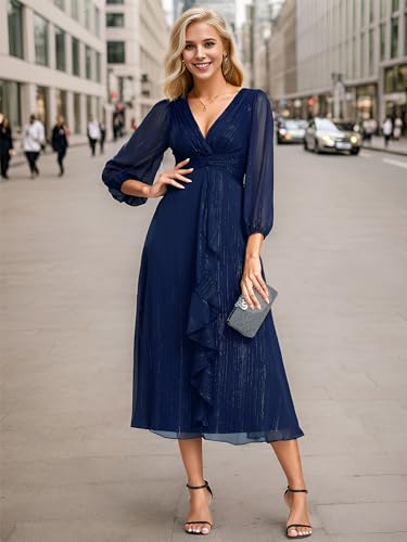 Ever-Pretty Women's Elegant A Line Ruched V Neck Long Sleeves Tea-Length Wedding Guest Dresses 019774