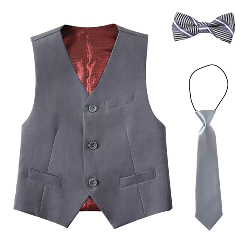 Boys Formal Vest Set Medium Grey Ring Bearer Outfit Wedding Dress Vest with Bowtie and Tie for Kids 12