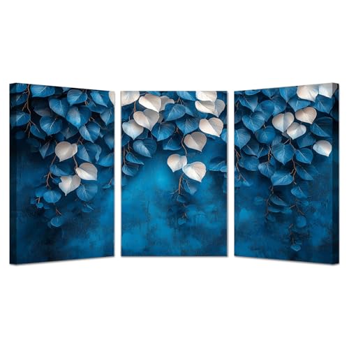 AMXBZC 3 Piezas Cuadros Salon Modernos Ilustración de hojas de plantas Naturaleza Cuadro,Decoracion Dormitorios Comedor Oficina Pasillo Cocina Y Baño（azul-20x30cmx3 Enmarcado