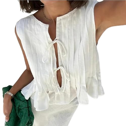 Linen Bow Tie Front Tank Tops Vest Women Coquette Babydoll Peplum Blouses Y2k Sleeveless Pleated Ruffle Tunic Shirt