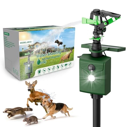 Animal Repellent Motion-Activated Water Sprinkler, Solar Powered Outdoor Animal Deterrent with Flashing Light, IP65 Waterproof for Deer, Cats, Dogs, Raccoons, Garden & Lawn Protection