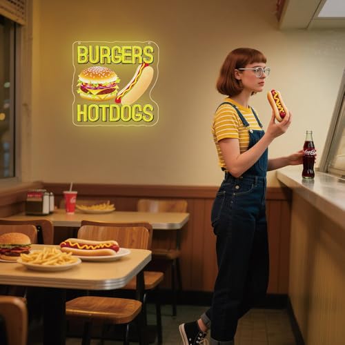 Image of Hot Dogs Burgers Neon Signs for Wall Decor,Hot Dogs Led Neon Sign Party Decorations,Dimmable Hamburger Led Lights Sign for Business Food Restaurant Bar Birthday Party Decor,Hot Dog Shop Decor