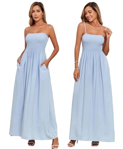Image of Women Detachable Strap Beach Dress Strapless Smocked Pockets Maxi Dress | Removable Straps Flowy Swing A Line Maxi Beach Dress Boho Vacation Casual Smocked Strapless Beach Wedding Guest Sundress