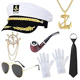 HA BIN Kapitänsmütze Kostüm Set, Kapitänsmütze Matrosenmütze, für Erwachsene, Frauen, Männer, Karneval, MottoPartys Cosplay (7-Teiliges Set)