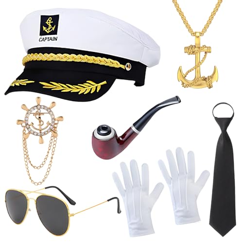HA BIN Kapitänsmütze Kostüm Set Kapitänsmütze Matrosenmütze für Erwachsene Frauen Männer Karneval MottoPartys Cosplay (7-Teiliges Set)