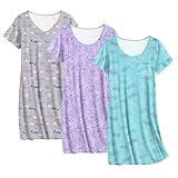 Ekouaer Cotton Nightgowns for Women 3 Pack Sleepshirts Short Sleeve Night Shirt Tshirt Night Gown Soft Sleepwear Print Sleep Dress Purple Star/Grey Coffe/Blue Butterfly X-Large