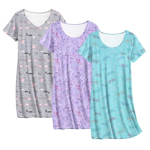 Ekouaer Cotton Nightgowns for Women 3 Pack Sleepshirts Short Sleeve Night Shirt Tshirt Night Gown Print Sleepwear Dress