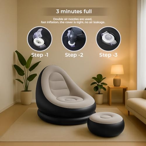 Image of Inflatable Lounge Chair with Air Pump & Footrest, 2-in-1 Folding Portable Recliner Sofa for Indoor Living Room, Bedroom, Office, Balcony, Outdoor Camping, Travel & Garden Use