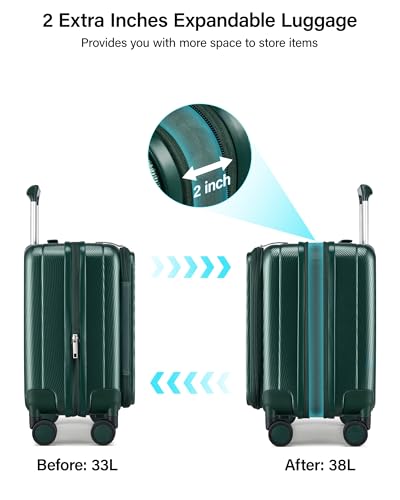 Image of Hanke 45cm Expandable Mini Cabin Trolley Bags, Hard Shell Polycarbonate Top Opening Suitcase, 8 Silent Spinner Wheels, Lightweight Carry On Luggage for Daily Commute & Short Travel,Blackish Green