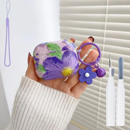 Oil Retro Painting Purple Flower Cover for AirPods Pro 2nd/1st Generation Case Floral, Colorful Hard Full Protective Silicone Accessories Set for AirPods Pro 2 Cases for Girl Women Purple, 2019/2022