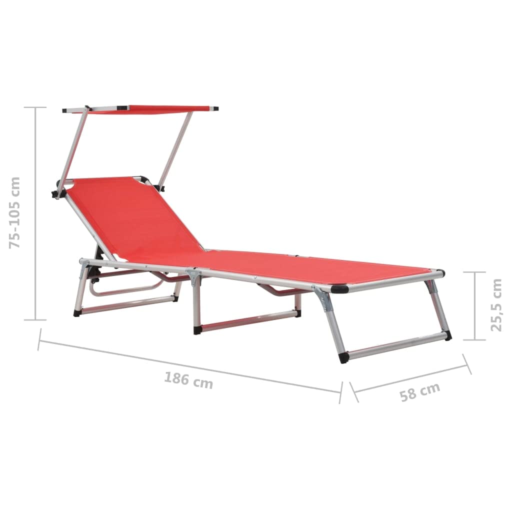 Klappbare Sonnenliegen mit Dach 2 STK Aluminium Textilene Rot verstellbar ergonomisch wetterfest mit Sonnenschutz für Garten Terrasse Balkon Pool Camping Relaxliege