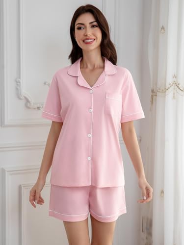 QZH.DUAO 100% Cotton Pajamas Set, Girls PJs Button Down Short Sleeve Sleepwear Nightwear Loungewear, Baby Pink, 13-14 Years4