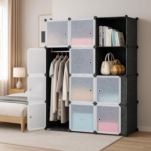 Image of Plastic Wardrobe for Kids Clothes - Durable, Easy to Use Anti-Skid & Non-Slip Effective Professional Collapsible Wardrobe, Plastic Cupboard for Kids, Foldable Almirah (Black HL1, 12 Door)