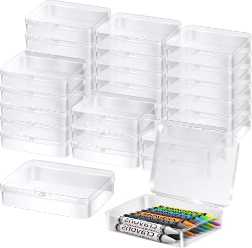 BeapTcely 30 Pcs Plastic Crayon Box with Hinged Lid Clear Storage Containers Crayon Case for School Classroom Supplies (Clear)