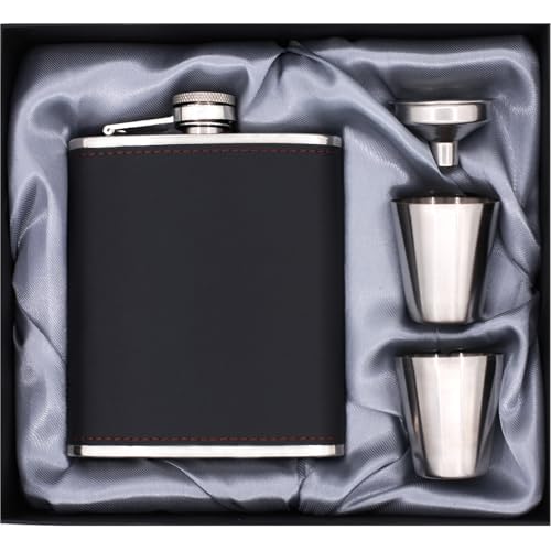 Tuxiaobu Fiaschetta, Set Fiaschetta, 7 Oz con Imbuto Bicchiere da Vino, 100% a Prova di Perdite, Fiasche in Acciaio Inossidabile per Liquore, Regalo per la Festa del papà - Nero Mystery
