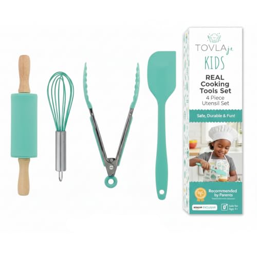 Tovla Jr. Kids Cooking Utensils Set - 4-Piece Kids Kitchen Tools - Safe Baking Set - Food Grade Toddler Chef Supplies - Gender Neutral Silicone Cookware Kit with Spatula Whisk Tongs Rolling Pin