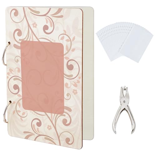 SUPERDANT Organizador vertical de flores para tarjetas de felicitación, diseño de flores bohemias, carpeta de madera, para tarjetas de cumpleaños, álbum de fotos, con perforadora y 20 bolsillos