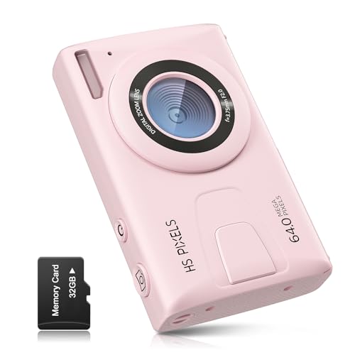 Fotocamera digitale CCN, 64MP 1080P FHD Fotocamera con schermo da 3,0', 18X Zoom Digitale Macchina fotografica compatta portatile con 32GB TF Card, Cavo USB, per adolescenti bambini adulti, Rosa