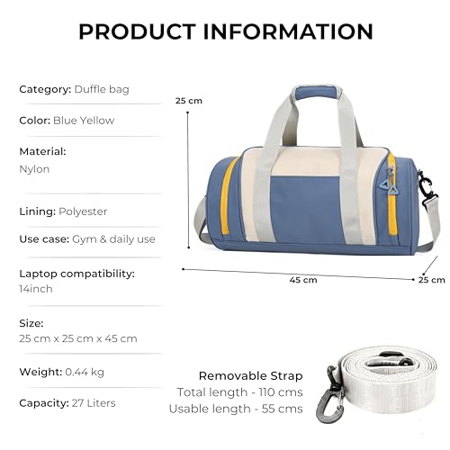 Image of POPCUBE Nylon 25cm Small Lightweight Waterproof Duffle Bag for Travel | Weekender Overnight Air Cabin Holdall for Men Women with Front Opening - 45cm x 25cm x 25cm (Modern, Blue)