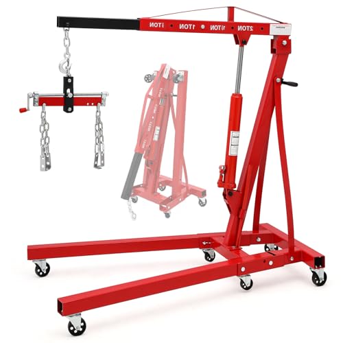 GarveeTech 2 T Engine Hoist, Folding Cherry Picker Engine Hoist with Lever and 6 Casters, Heavy Duty Hydraulic Shop Crane, Engine Crane Lifter for Workshops Garage Warehouse, Red