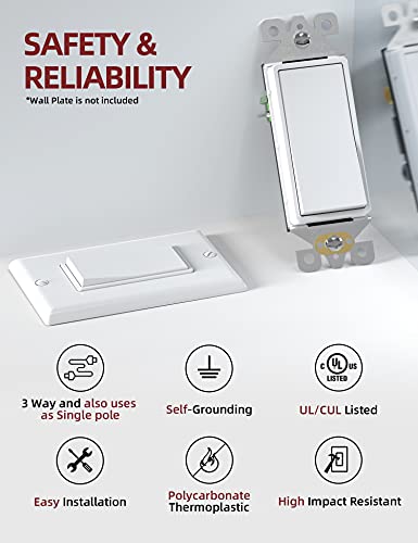 Aida 3 Way Rocker Decorator Paddle Light Switch, Single Pole Or Three Way, 3 Wire, Self-Grounding Screw, Residential Grade, 15A, Ul Listed, Quick Push-In & Side Wired, White (10 Pack) #TOP1