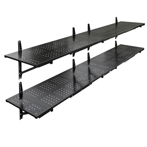 FLEXIMOUNTS 2-Pack 1x6ft Garage Shelving 14-inch-by-68-inch Perforated Wall Shelf Heavy Duty Garage Storage Rack with 1400 lbs Load Capacity Wall Mounted Organization System for Tools Heavy Bins