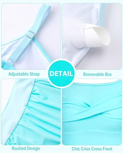 Image of DAXIANG Girls One Piece Swimsuit Modest Ruched Color Block Bathing Suit Tween Adjustable Straps Padded Swimwear Size 7-16