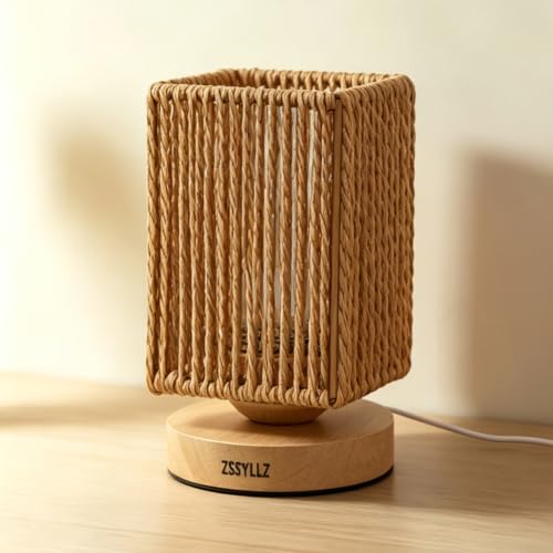 Image of Small Rattan Table Lamp, Boho Wicker Rope Lamp | 3 Color | Stepless Dimming