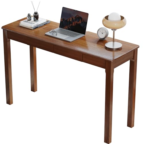 ENPKLUTE Solid Wood Desk with Drawers - 47 x 16 Inch Vintage Narrow Desks, Mid Century Modern Desks, Rubber Wood Study Table, Small Writing Desk for Bedroom|Small Spaces - Walnut Color