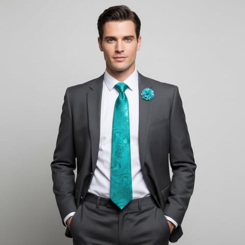 Image of 5PCS Mens Silk Designer Tie, Pocket Square, Cufflinks, Drilled Tie Ring and Lapel Pin Set for Wedding Groom Party