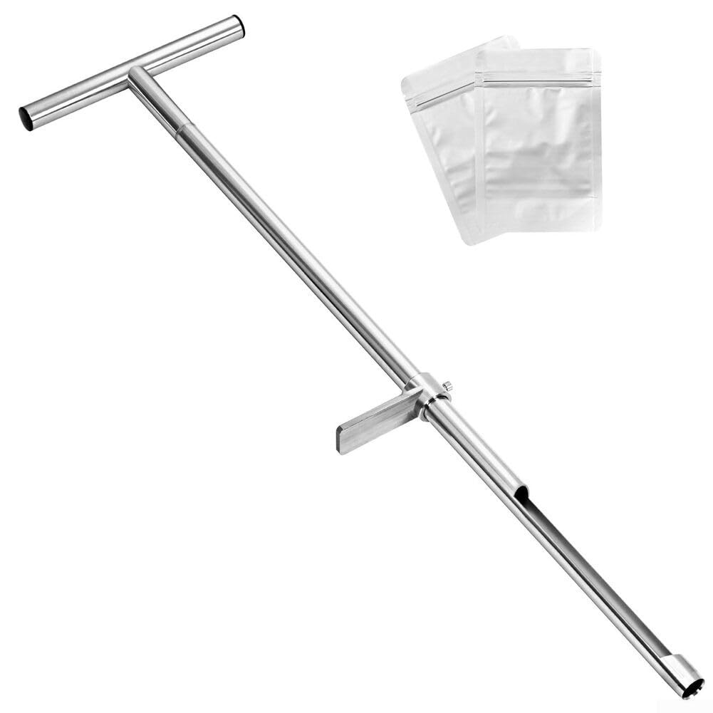 Soil Probe 36 Inch Stainless Steel T-Handle Soil Sampler Rod with Side Pedal and Two Reusable Sample Bags for Lawn, Garden and Farm Soil Testing and Analysis