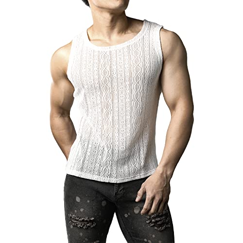 JOGAL Mens See Through Lace Shirts Sleeveless Muscle Tops3