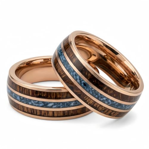 Men's tungsten alloy wedding ring, timeless engagement ring, inlaid with opal and Koa wood, 0.315-inch carbon blue shell, comfortable fit strap, size 7-13 inches (Rose Gold Three-Slot Wood Grain Stainless Steel, 10)