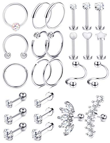 LOYALLOOK 25Pcs Cartilage Earrings Hoop Studs for Women 16-20G Labret Flat Ball Back Earrings Daith Tragus Helix Earrings