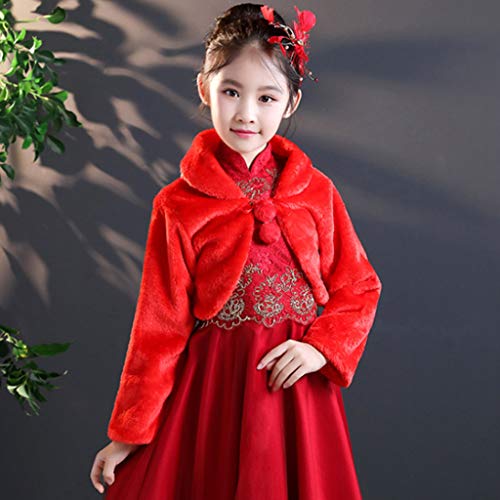 Kids Princess Thicken Plush Wrap Shawl Flower Girls Long Sleeve Capelet Shrug C Red3