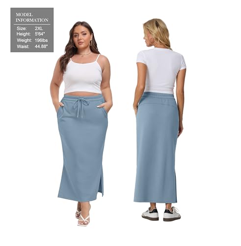 Image of Lepunuo Women's High Waisted Sweat Maxi Skirt with Pockets Slit | Ultra Soft Sweat Fabric, High Waist Drawstring, Deep Phone Pockets, Side Slit for Movement, Ideal for Lounge Travel
